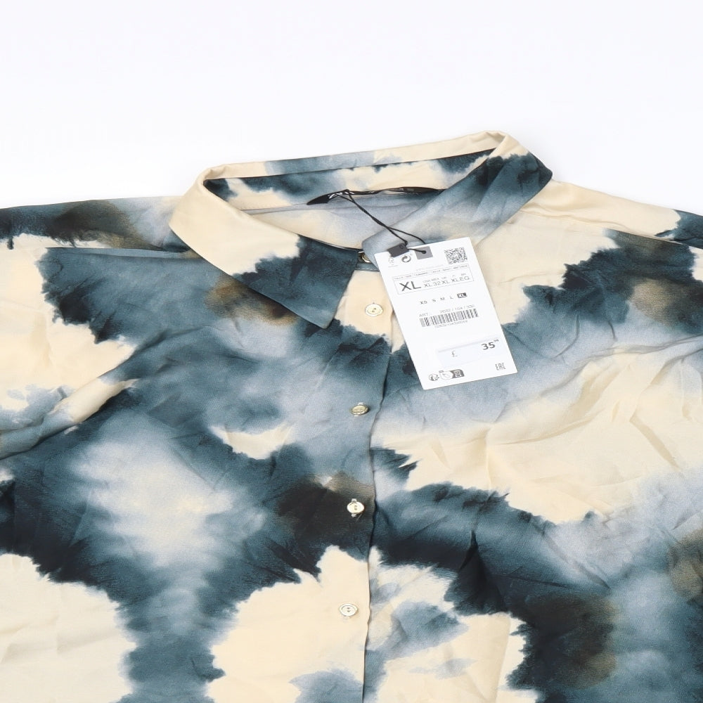 Zara Womens Multicoloured Geometric Polyester Basic Button-Up Size XL Collared