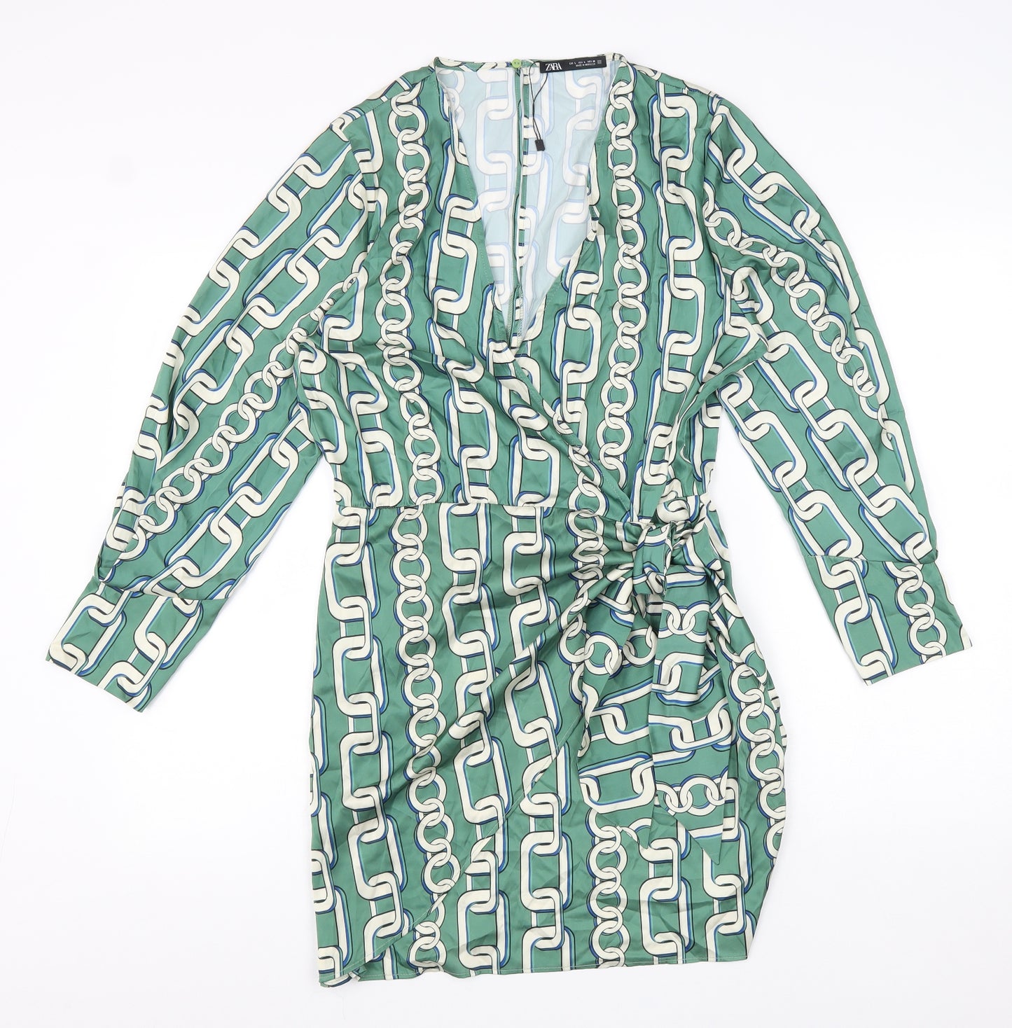 Zara Womens Green Geometric Polyester A-Line Size L V-Neck Zip