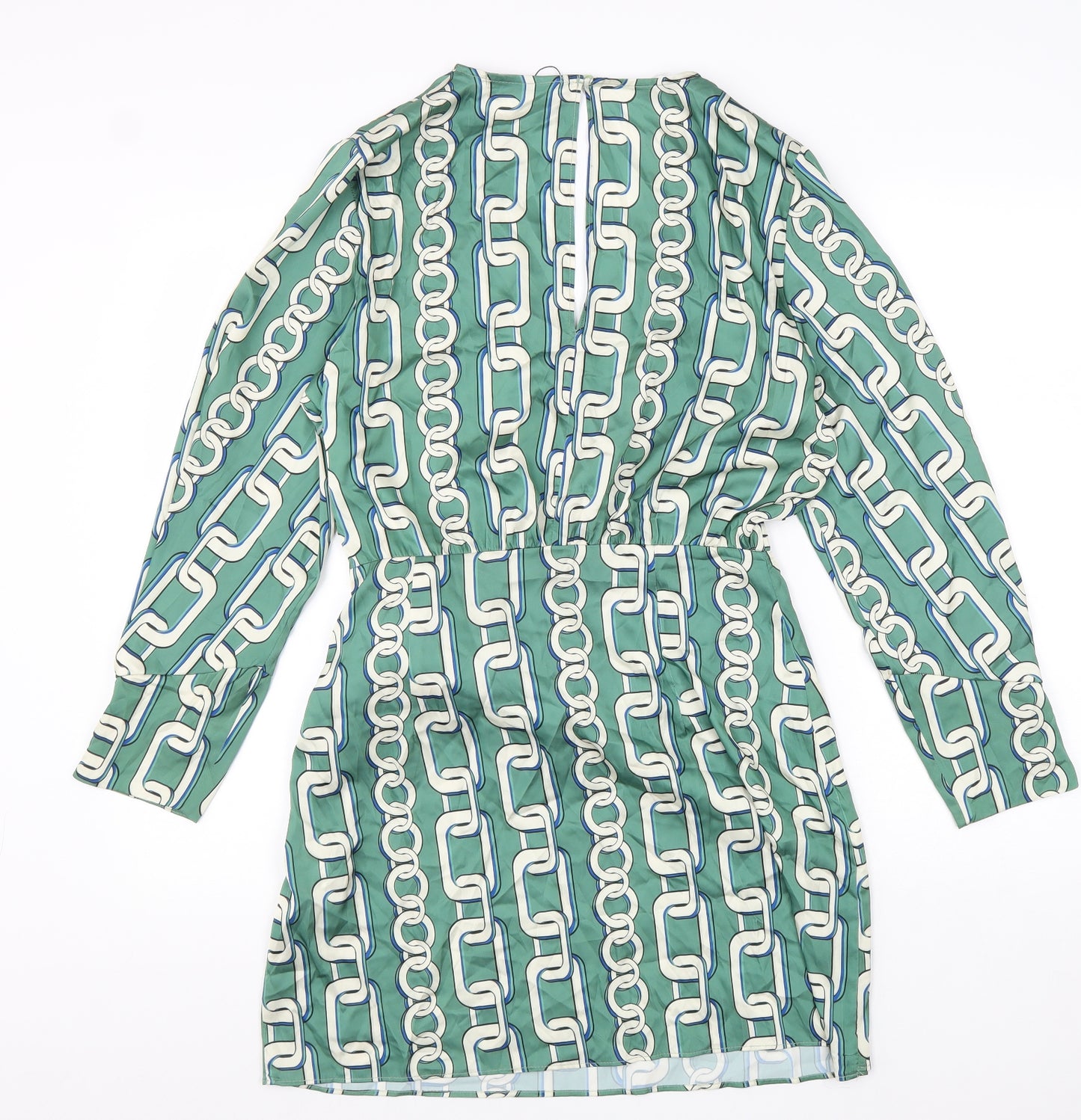 Zara Womens Green Geometric Polyester A-Line Size L V-Neck Zip