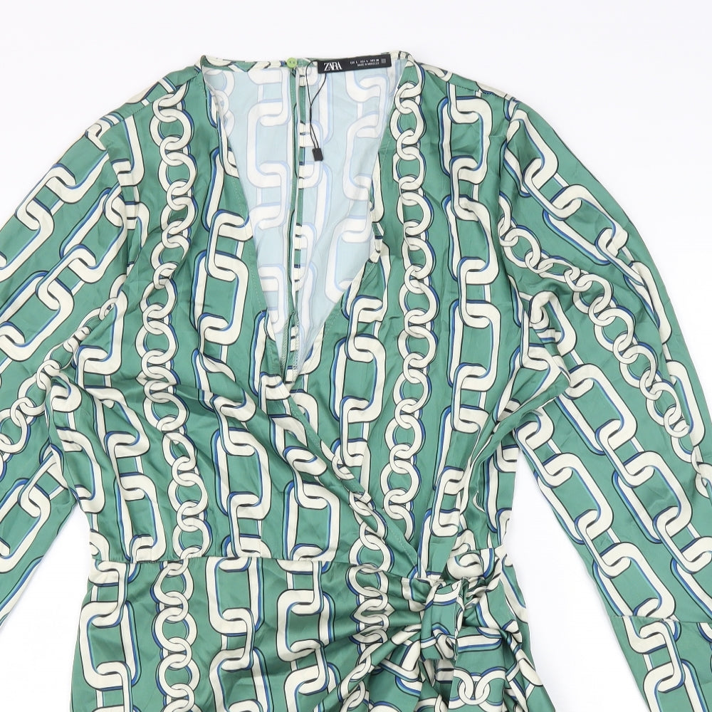 Zara Womens Green Geometric Polyester A-Line Size L V-Neck Zip