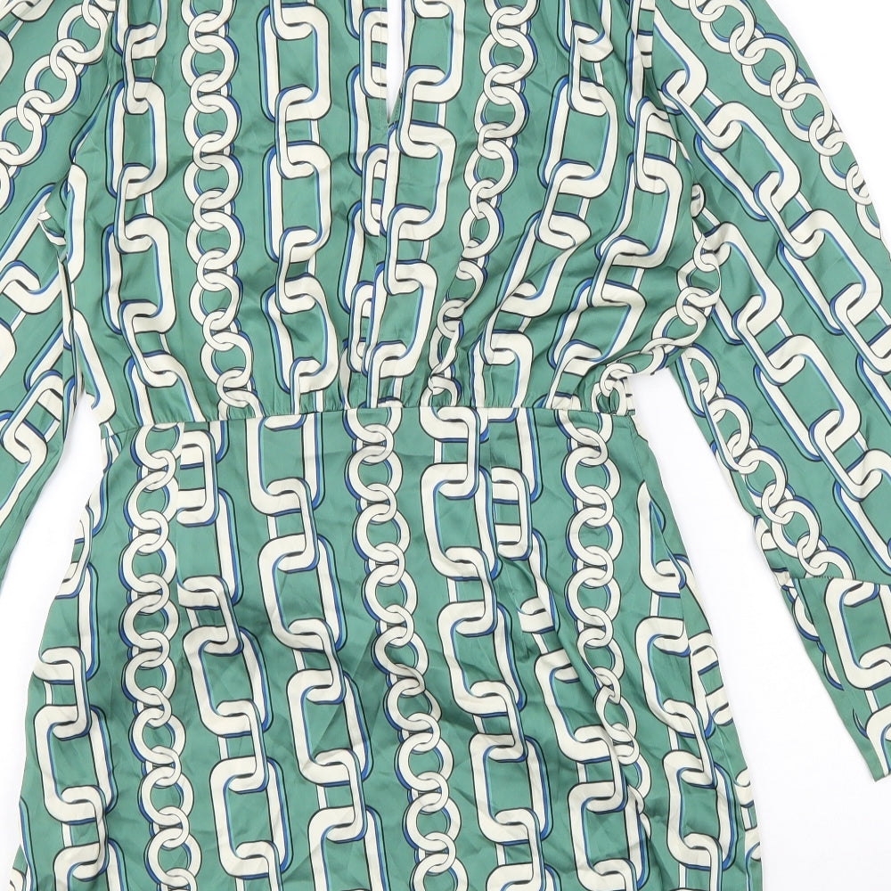 Zara Womens Green Geometric Polyester A-Line Size L V-Neck Zip