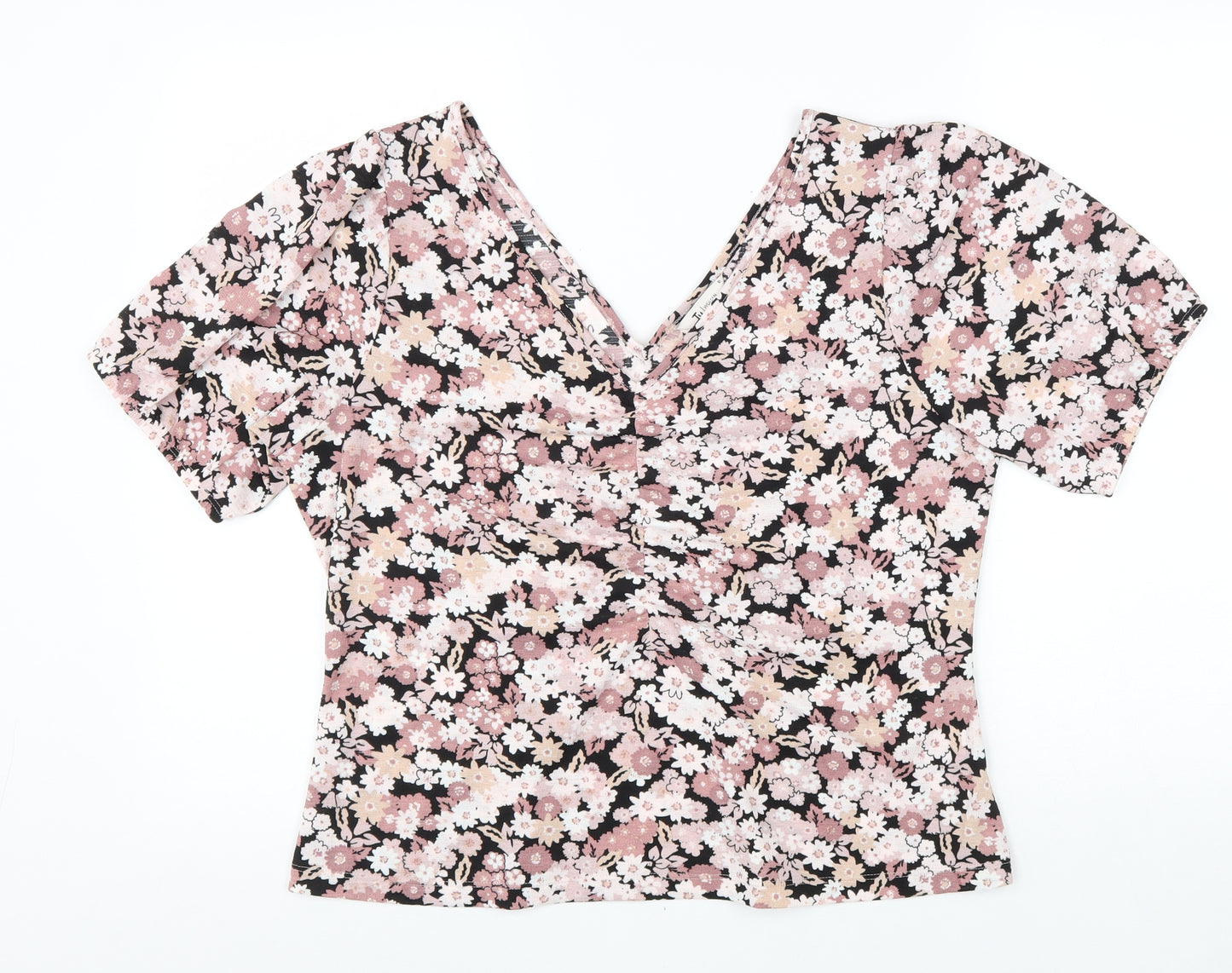 TU Womens Pink Floral Viscose Basic T-Shirt Size 18 V-Neck