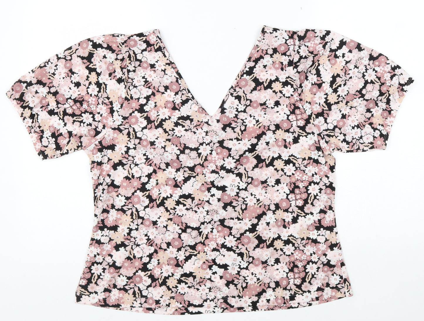TU Womens Pink Floral Viscose Basic T-Shirt Size 18 V-Neck
