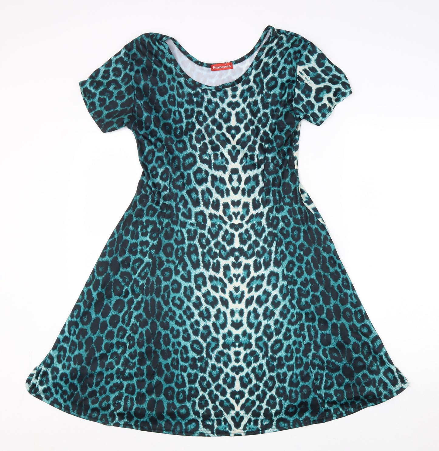 Francesca Womens Green Animal Print Polyester Fit & Flare Size XL Round Neck Pullover - Leopard Pattern