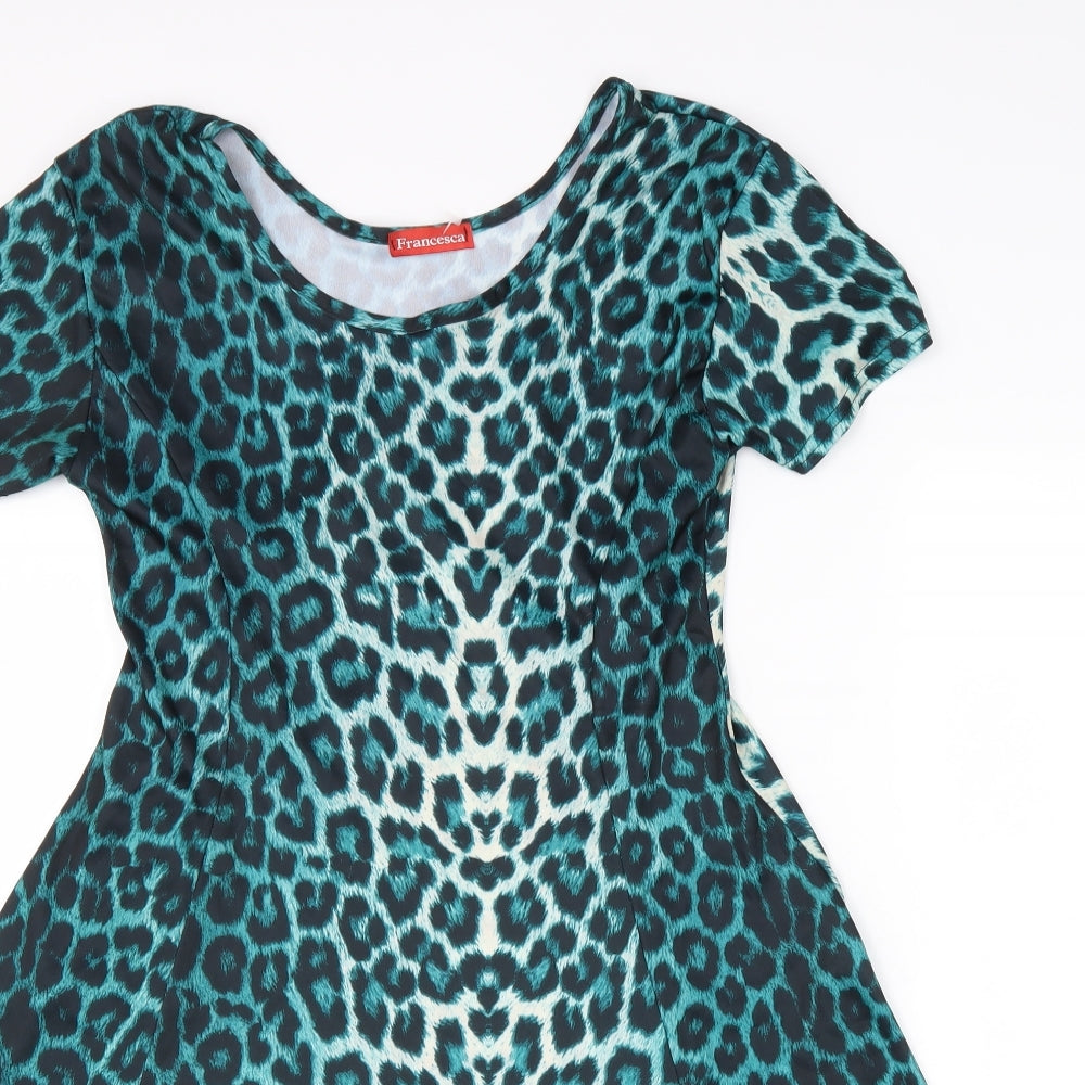 Francesca Womens Green Animal Print Polyester Fit & Flare Size XL Round Neck Pullover - Leopard Pattern