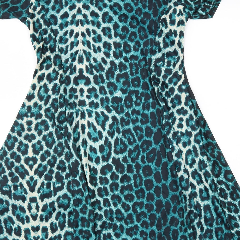 Francesca Womens Green Animal Print Polyester Fit & Flare Size XL Round Neck Pullover - Leopard Pattern