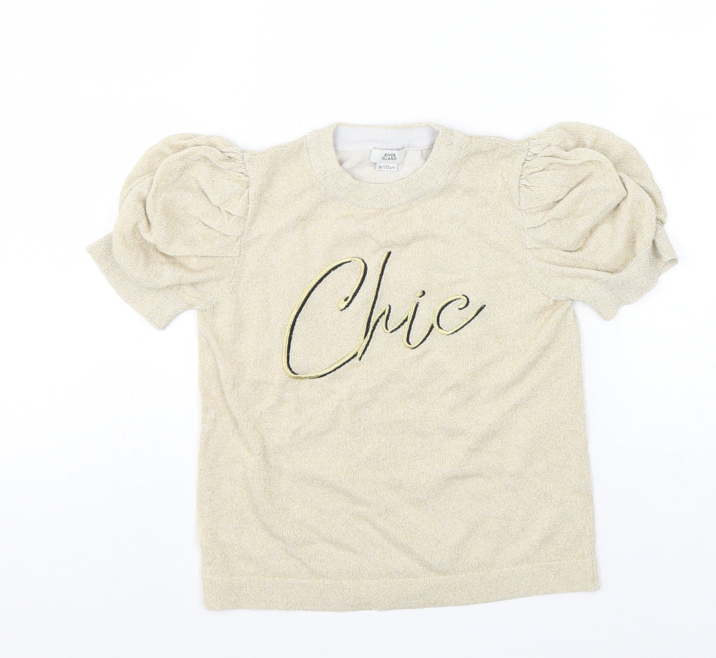 River Island Girls Gold Herringbone Polyester Basic T-Shirt Size 9-10 Years Crew Neck Pullover - Chic