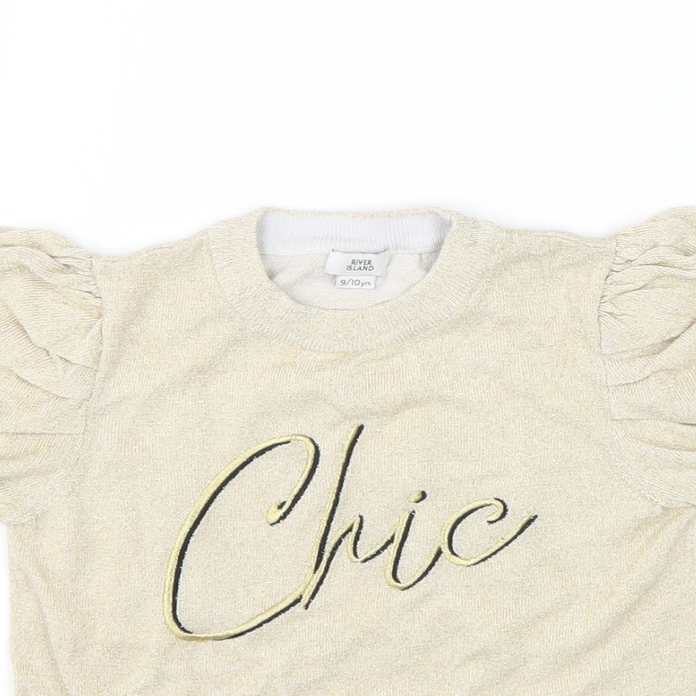 River Island Girls Gold Herringbone Polyester Basic T-Shirt Size 9-10 Years Crew Neck Pullover - Chic