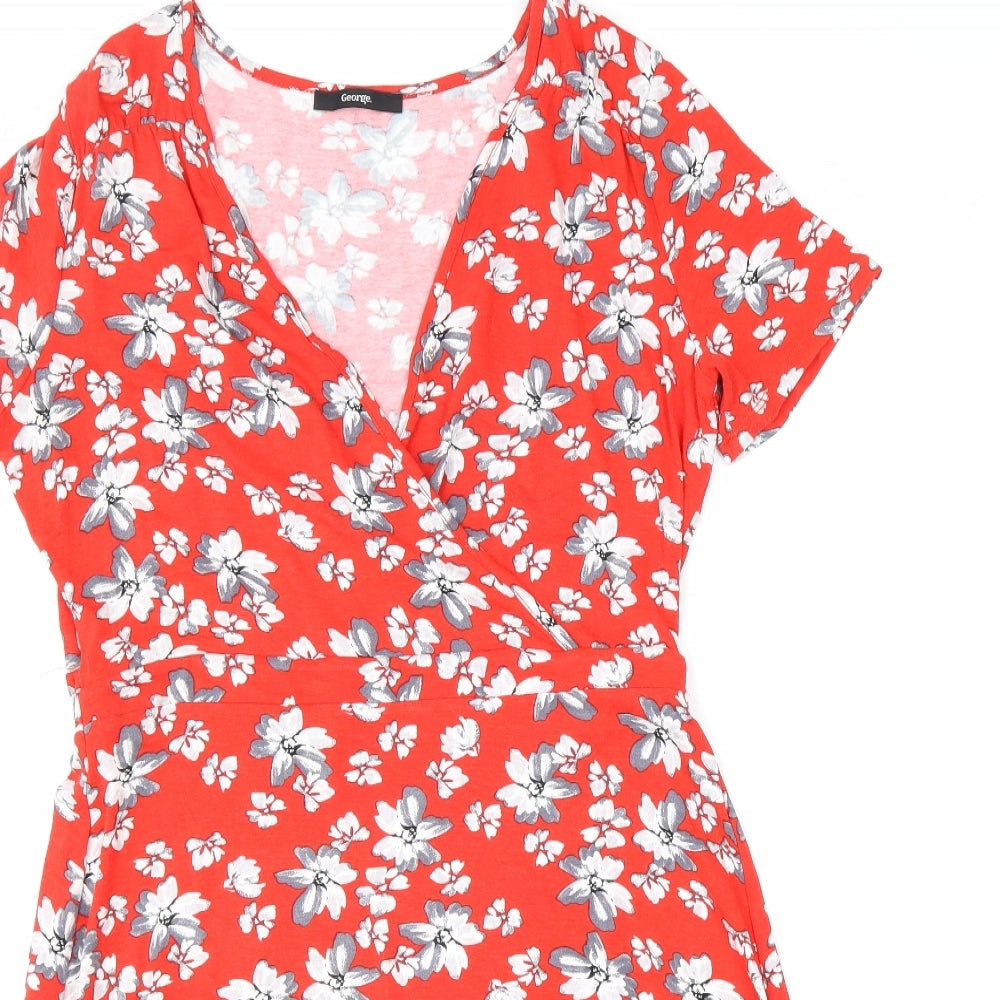 George Womens Red Floral Viscose Fit & Flare Size 14 V-Neck Pullover