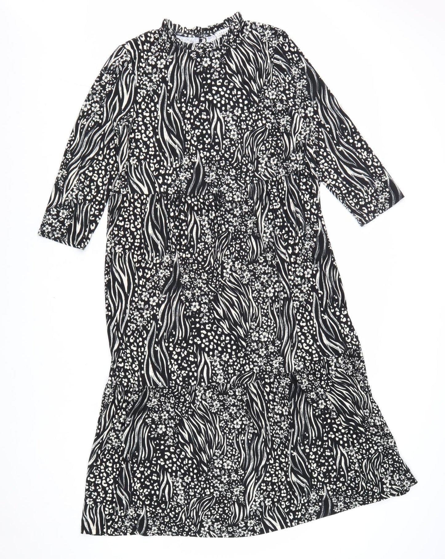 Papaya Womens Black Floral Polyester Trapeze & Swing Size 14 Round Neck Button