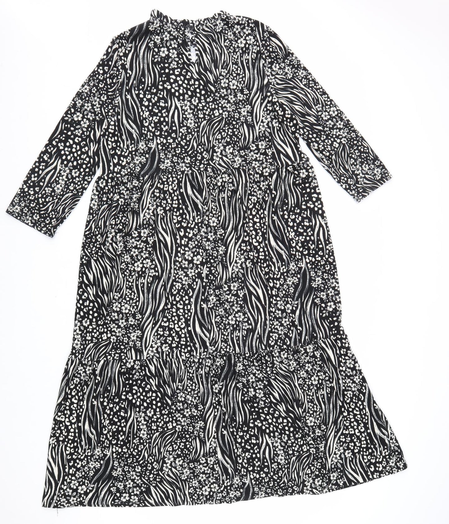 Papaya Womens Black Floral Polyester Trapeze & Swing Size 14 Round Neck Button