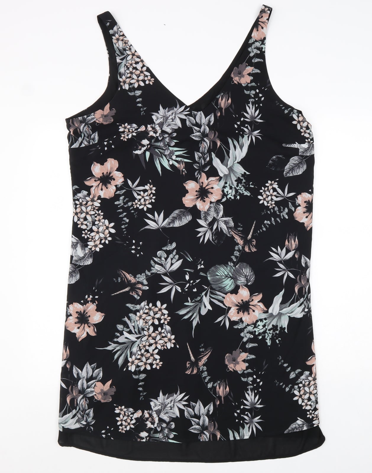 George Womens Black Floral Polyester Tank Dress Size 16 V-Neck Pullover
