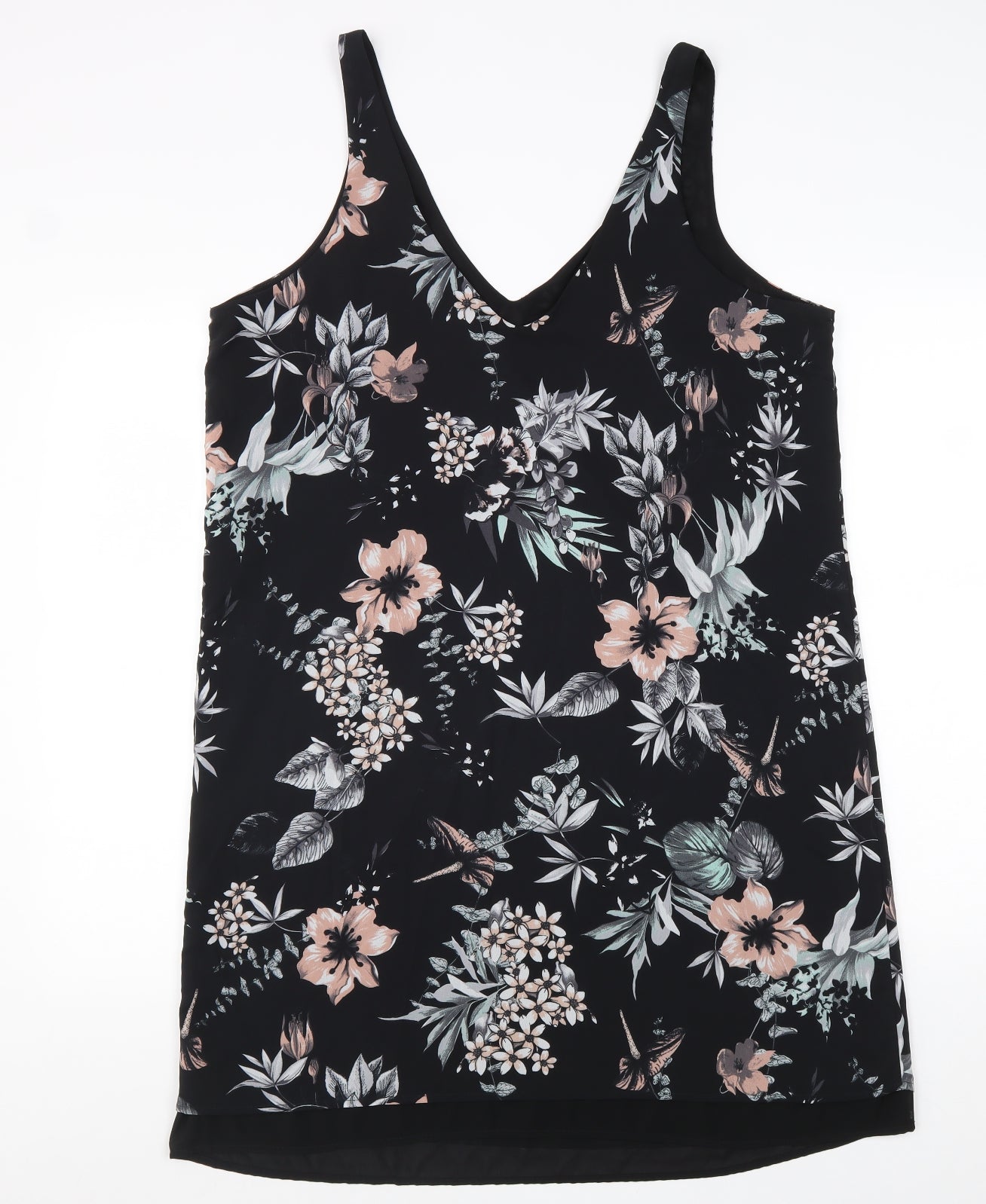 George Womens Black Floral Polyester Tank Dress Size 16 V-Neck Pullover