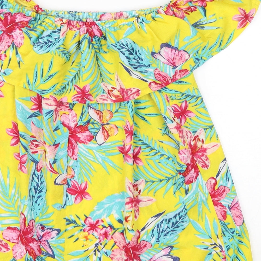 Primark Girls Yellow Floral Polyester Basic Blouse Size 11-12 Years Off the Shoulder Pullover