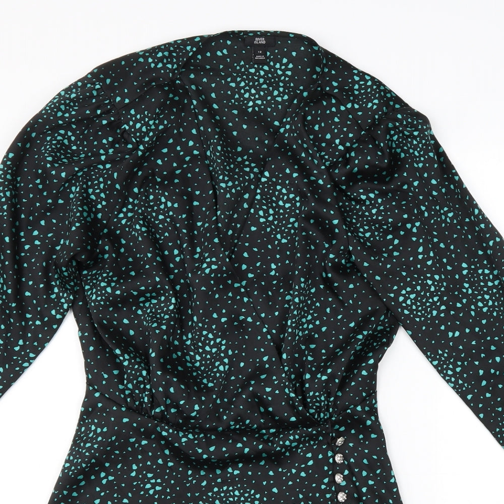 River Island Womens Black Geometric Polyester Fit & Flare Size 12 V-Neck Pullover