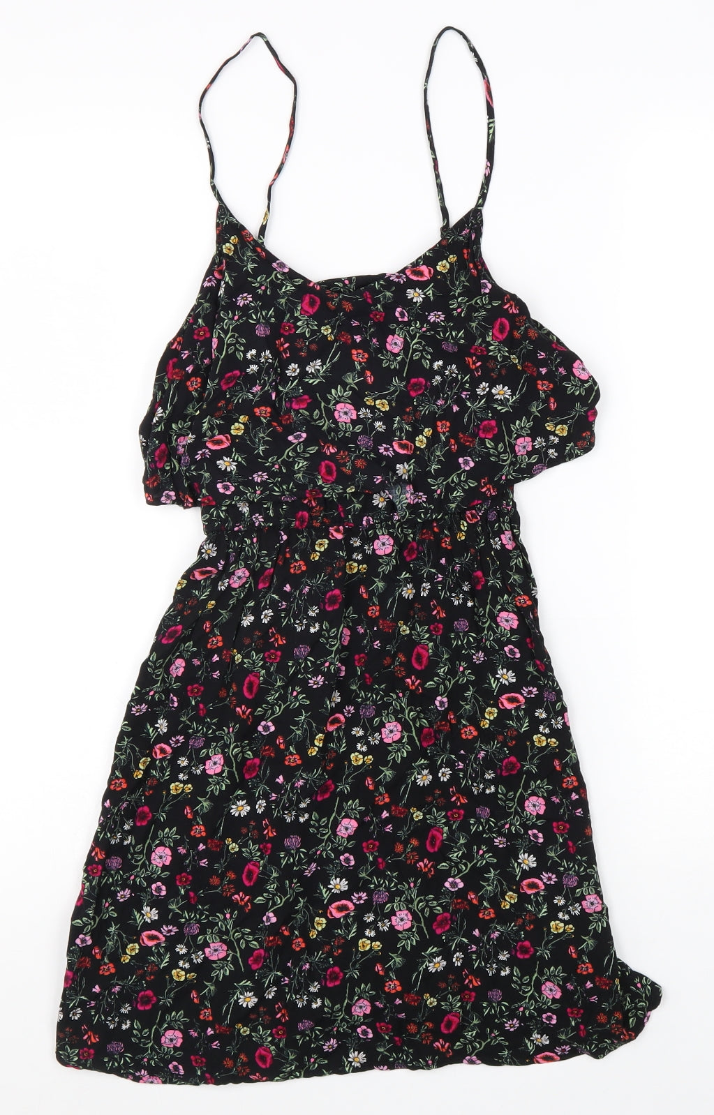 H&M Womens Black Floral Viscose Tank Dress Size 6 Round Neck Pullover