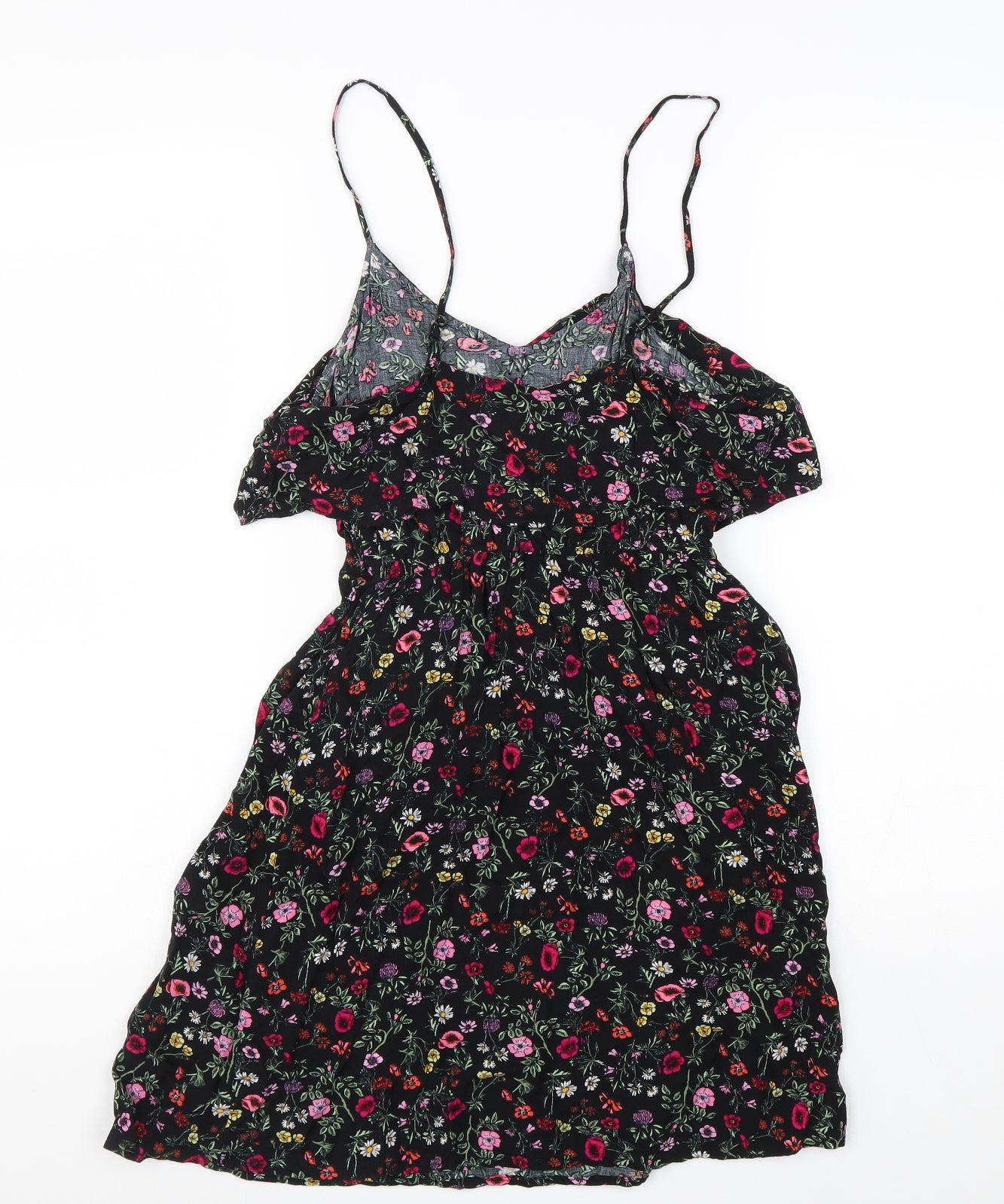 H&M Womens Black Floral Viscose Tank Dress Size 6 Round Neck Pullover