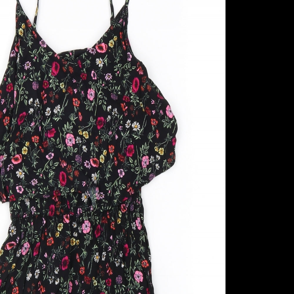 H&M Womens Black Floral Viscose Tank Dress Size 6 Round Neck Pullover