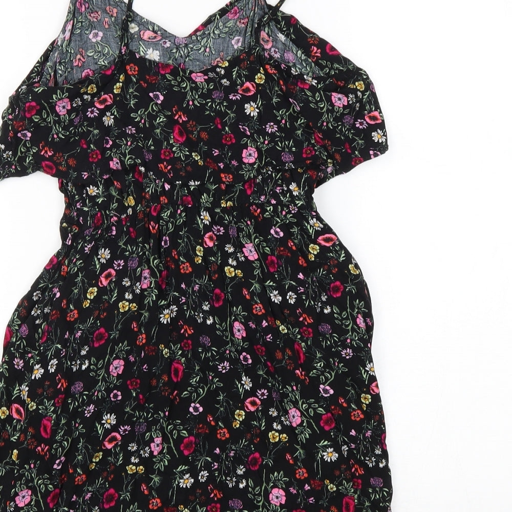 H&M Womens Black Floral Viscose Tank Dress Size 6 Round Neck Pullover