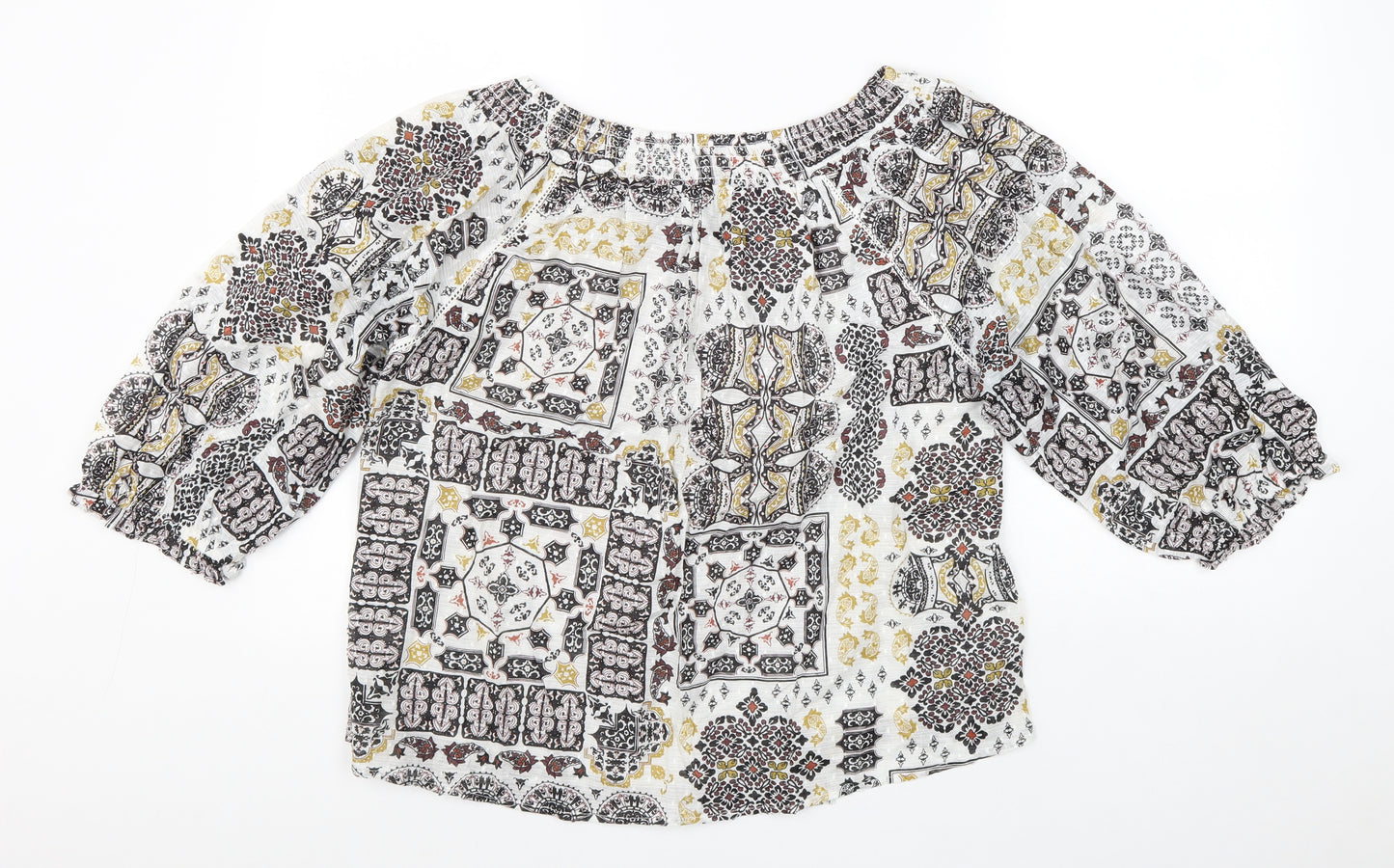 NEXT Womens Beige Geometric 100% Cotton Basic Blouse Size 14 Round Neck