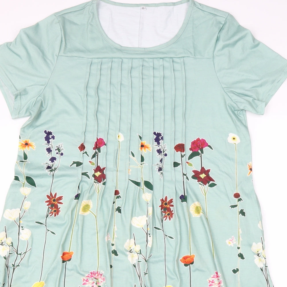 Composition Womens Green Floral Polyester Trapeze & Swing Size XL Round Neck Pullover