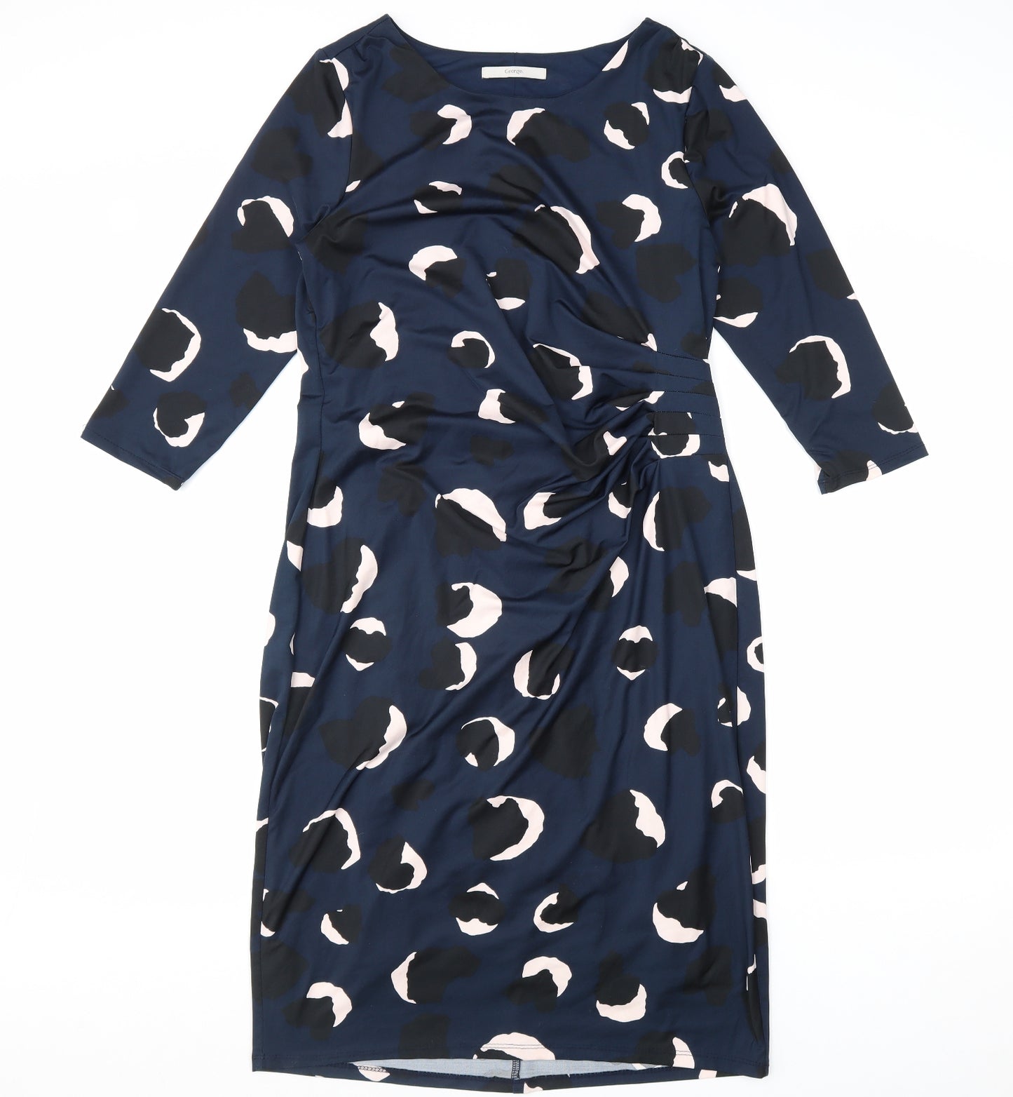 George Womens Blue Geometric Polyester Pencil Dress Size 14 Boat Neck Pullover - Front Pleat Detail