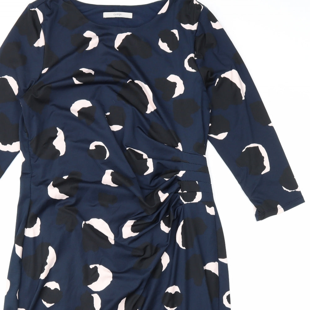 George Womens Blue Geometric Polyester Pencil Dress Size 14 Boat Neck Pullover - Front Pleat Detail