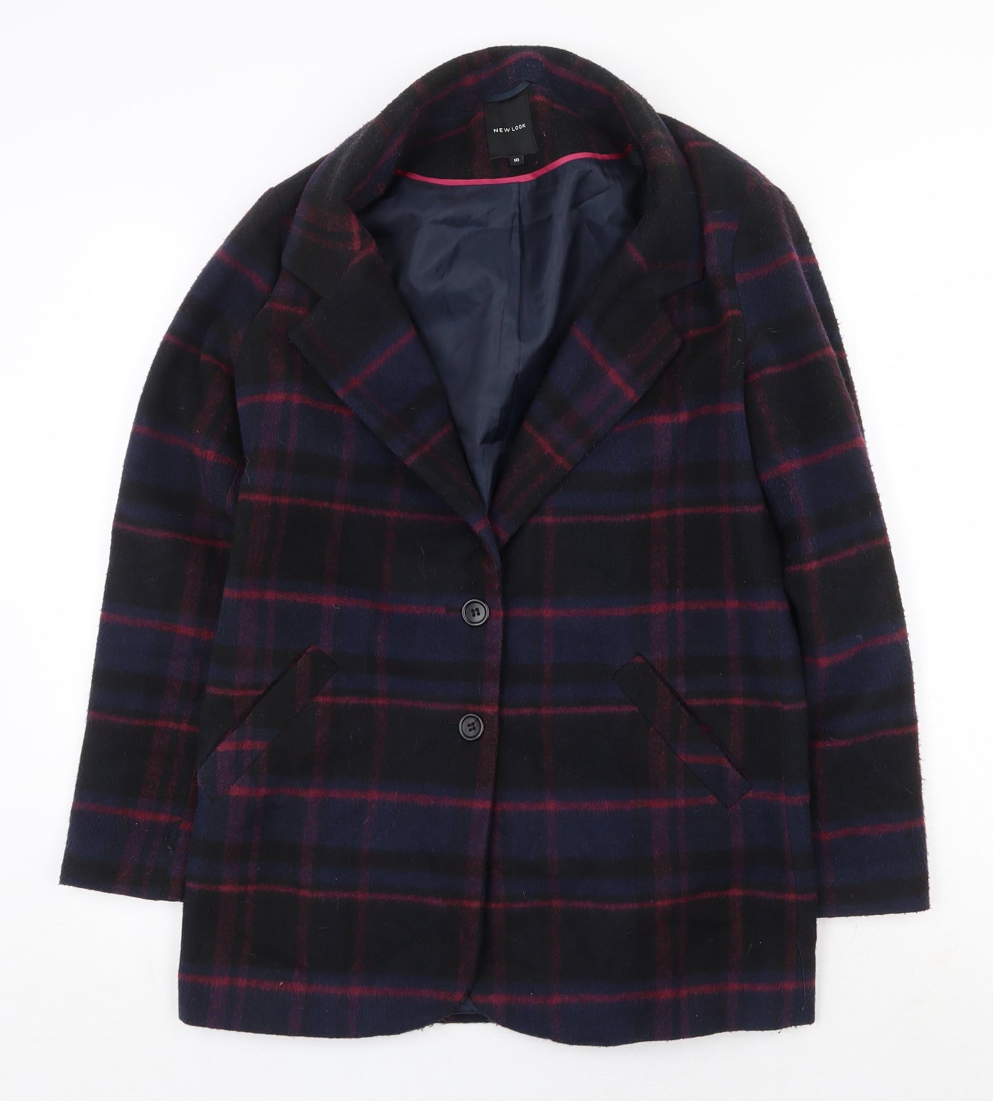 New Look Womens Blue Geometric Pea Coat Coat Size 10 Button