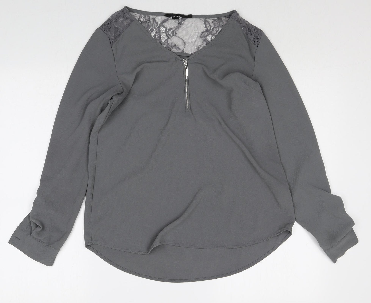 New Look Womens Grey Polyester Basic Blouse Size 10 V-Neck - Lace Detail
