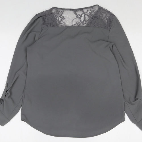 New Look Womens Grey Polyester Basic Blouse Size 10 V-Neck - Lace Detail