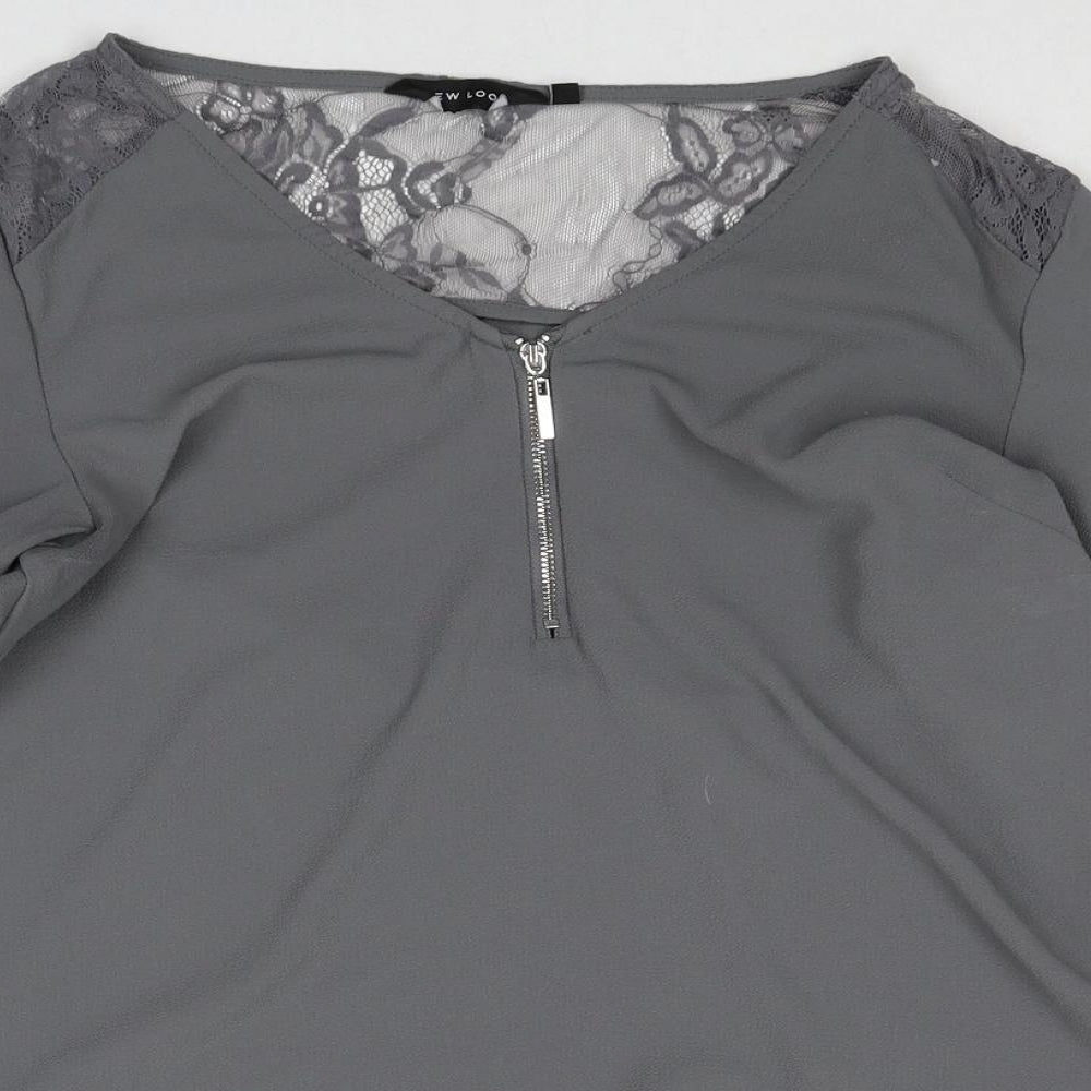 New Look Womens Grey Polyester Basic Blouse Size 10 V-Neck - Lace Detail