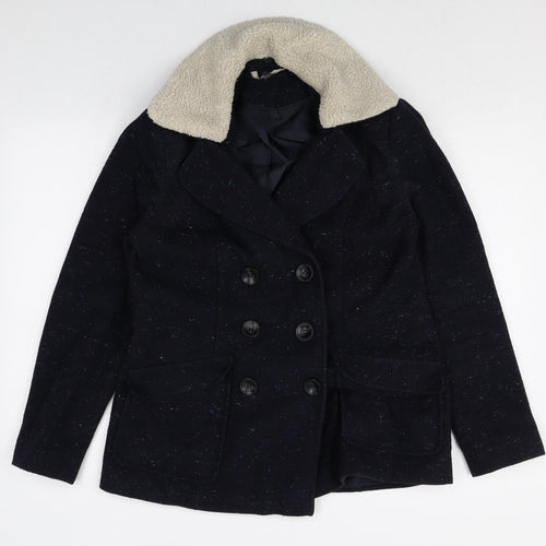 Marks and Spencer Womens Blue Geometric Pea Coat Coat Size 10 Button