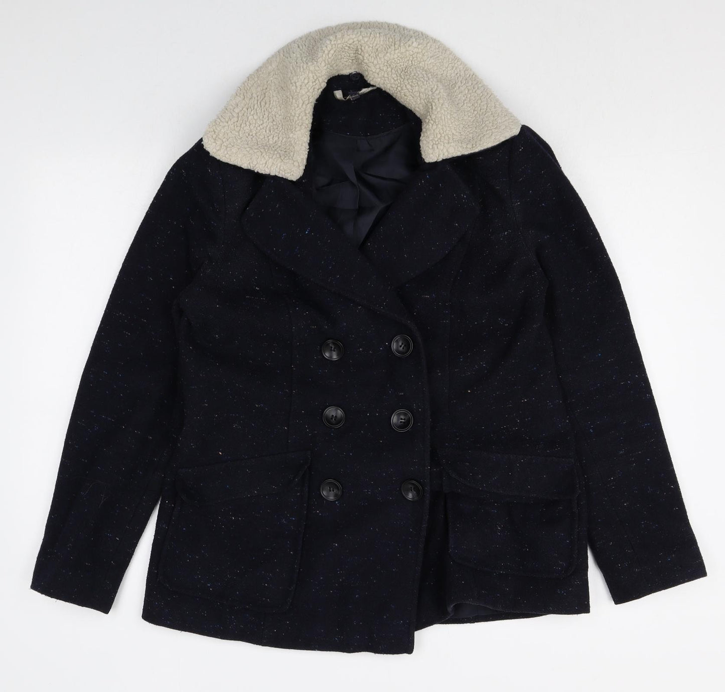 Marks and Spencer Womens Blue Geometric Pea Coat Coat Size 10 Button