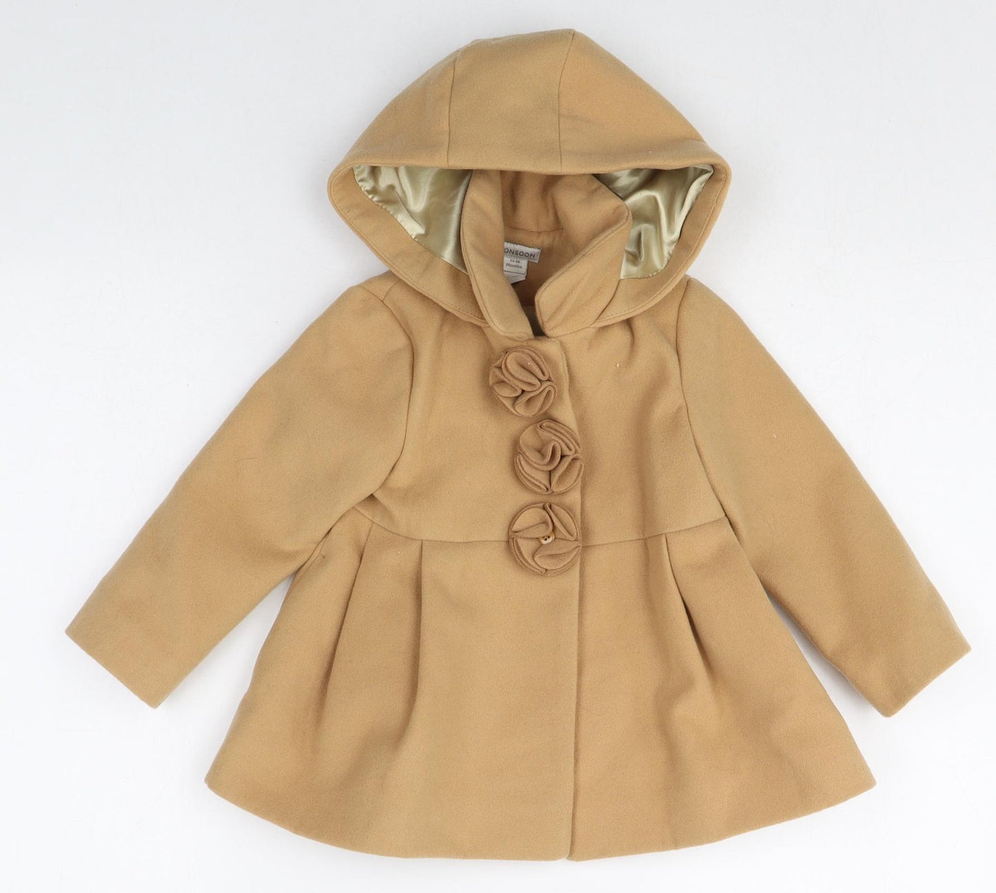 Monsoon Girls Beige Pea Coat Coat Size 12-18 Months Snap - 3D Flower Detail