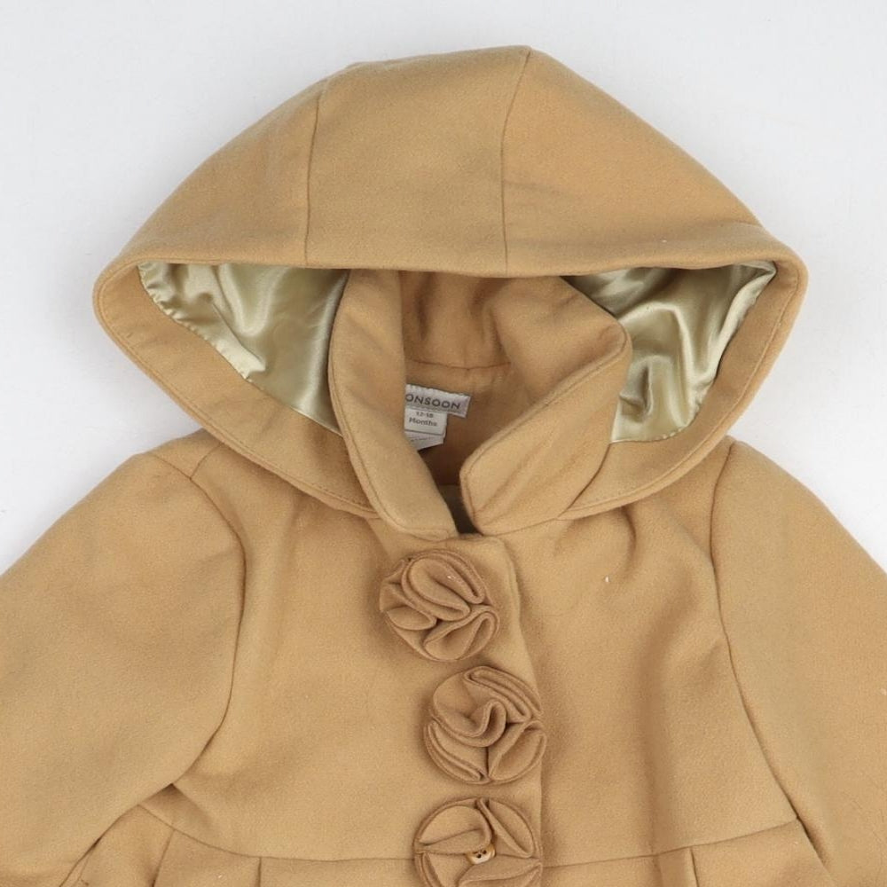 Monsoon Girls Beige Pea Coat Coat Size 12-18 Months Snap - 3D Flower Detail