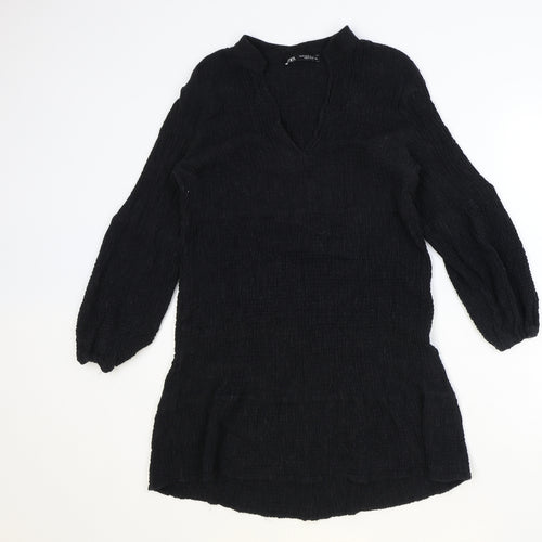 Zara Womens Black Polyester A-Line Size M V-Neck Pullover
