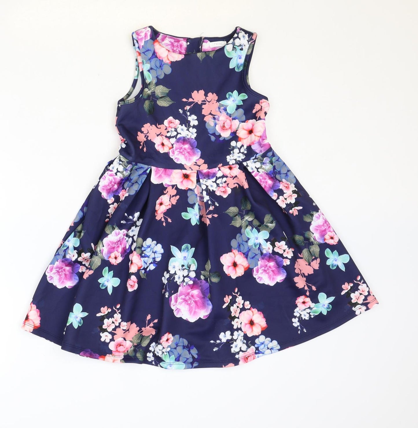 NEXT Girls Blue Floral Polyester Fit & Flare Size 8 Years Boat Neck Zip