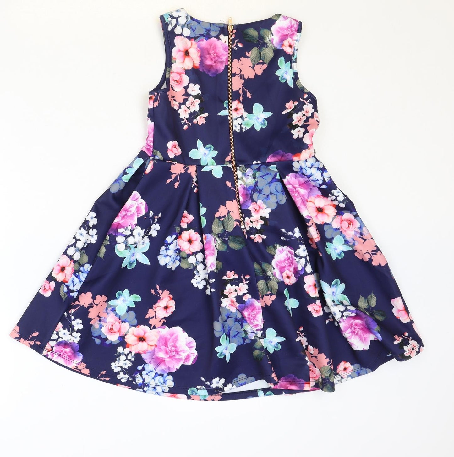NEXT Girls Blue Floral Polyester Fit & Flare Size 8 Years Boat Neck Zip