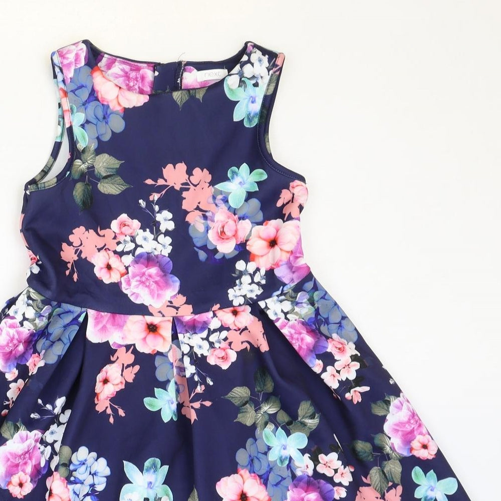 NEXT Girls Blue Floral Polyester Fit & Flare Size 8 Years Boat Neck Zip