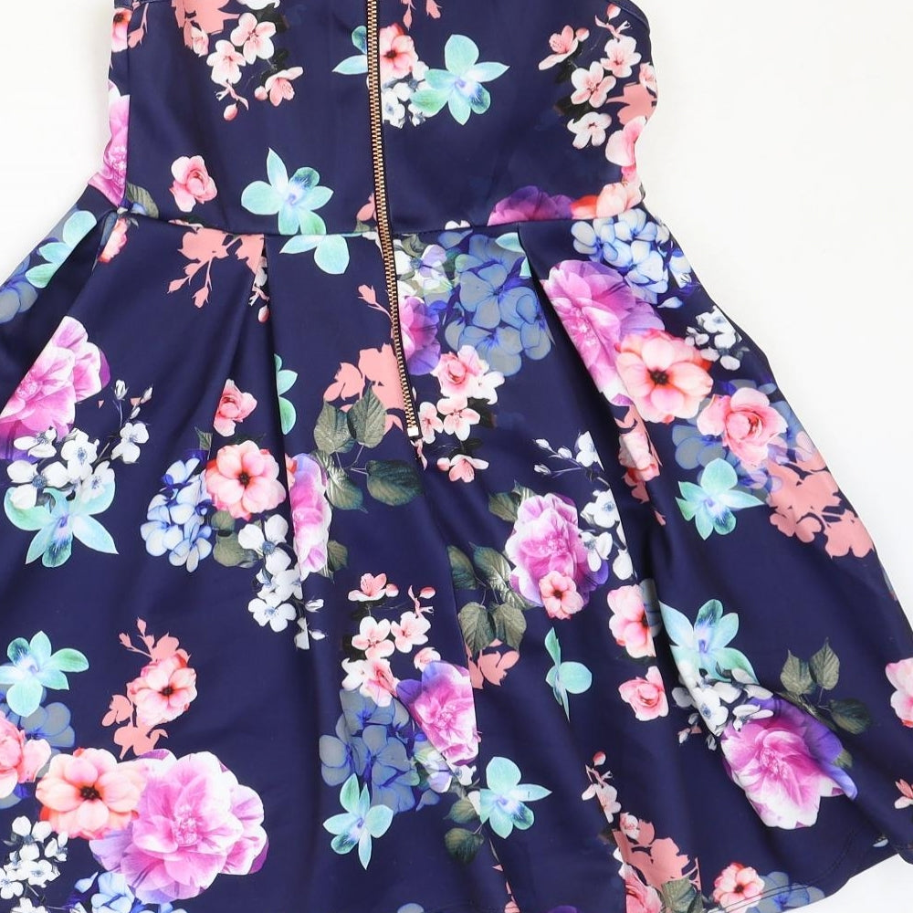 NEXT Girls Blue Floral Polyester Fit & Flare Size 8 Years Boat Neck Zip