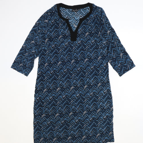 Celebs Womens Blue Geometric Cotton A-Line Size 10 V-Neck Pullover