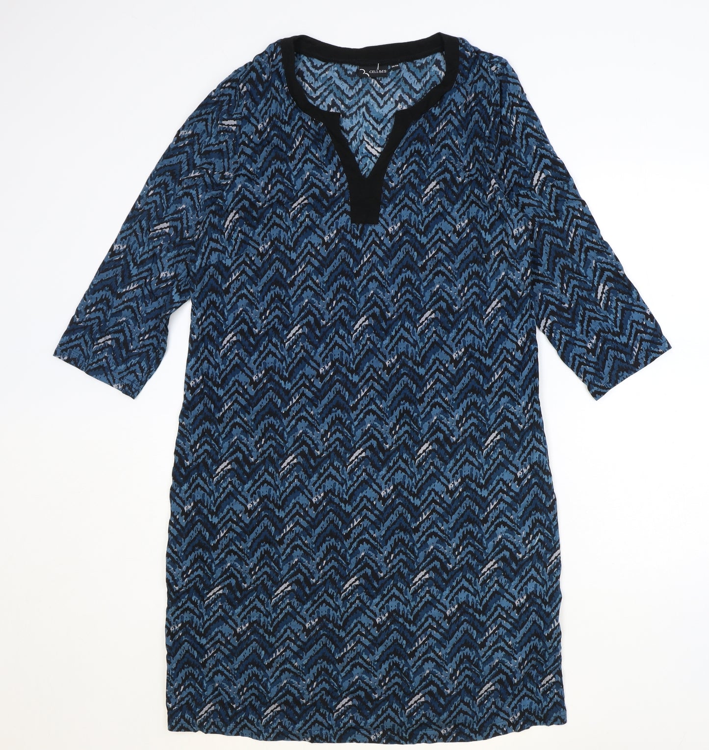 Celebs Womens Blue Geometric Cotton A-Line Size 10 V-Neck Pullover