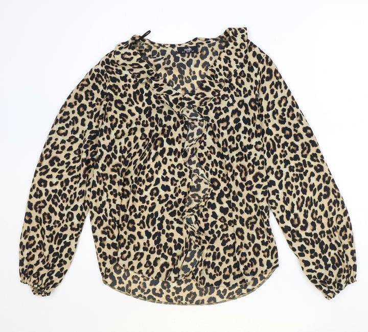 Wallis Womens Brown Animal Print Polyester Basic Blouse Size 10 V-Neck - Leopard Pattern