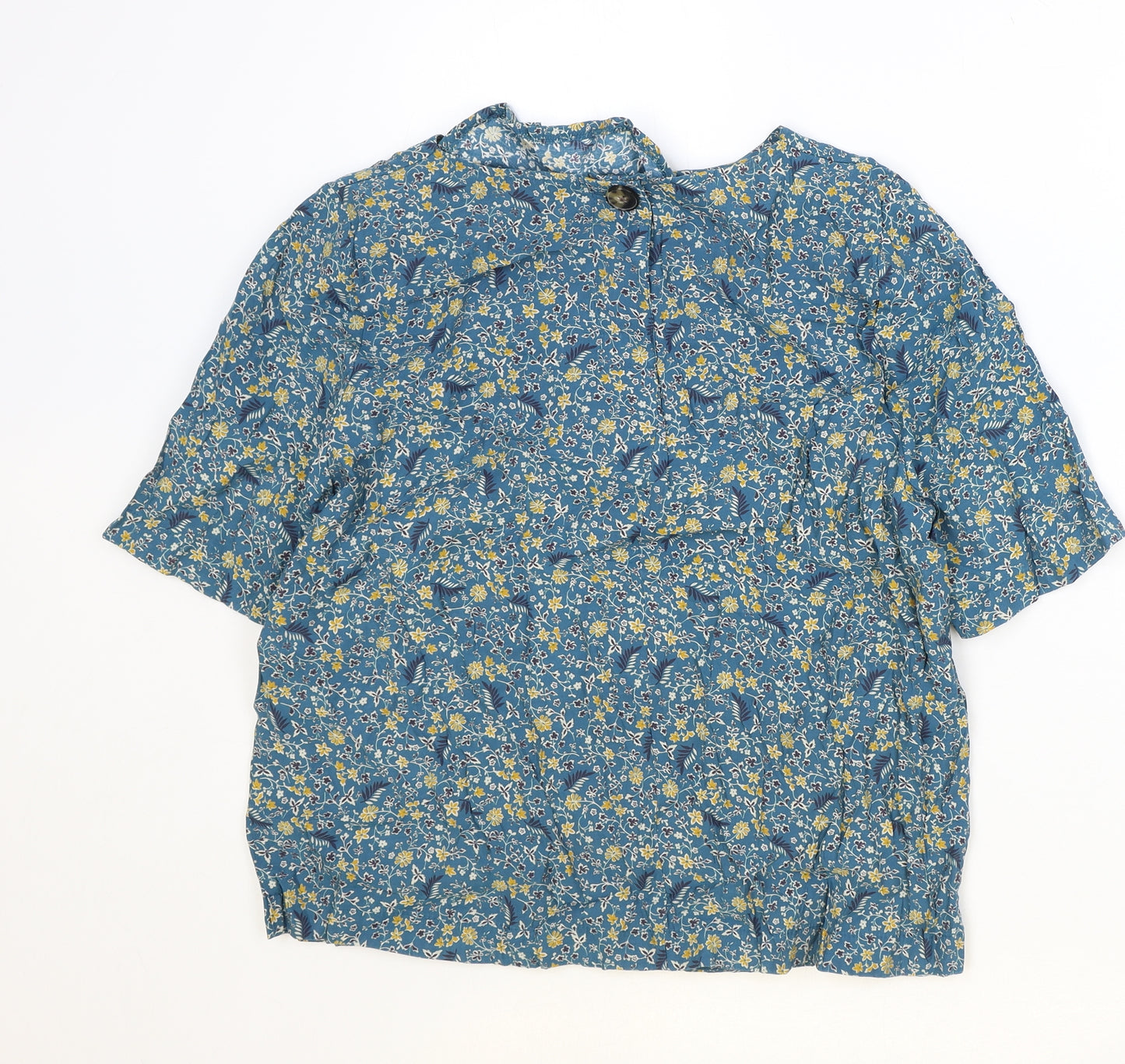 Marks and Spencer Womens Blue Floral Viscose Basic Blouse Size 14 Round Neck