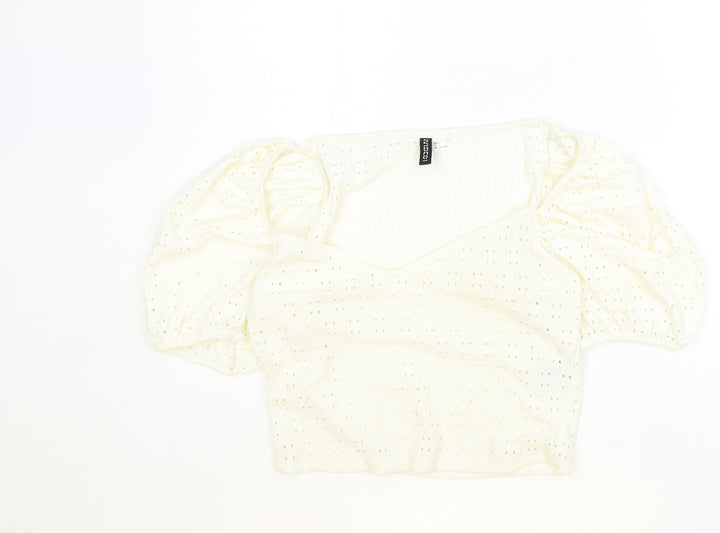 H&M Womens Ivory Polyester Cropped T-Shirt Size L V-Neck