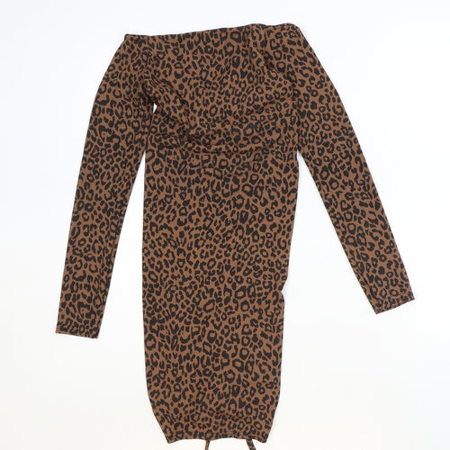 PRETTYLITTLETHING Womens Brown Animal Print Polyester Bodycon Size 8 V-Neck Pullover - Leopard print