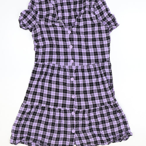 Divided Womens Purple Plaid Viscose A-Line Size 8 V-Neck Button
