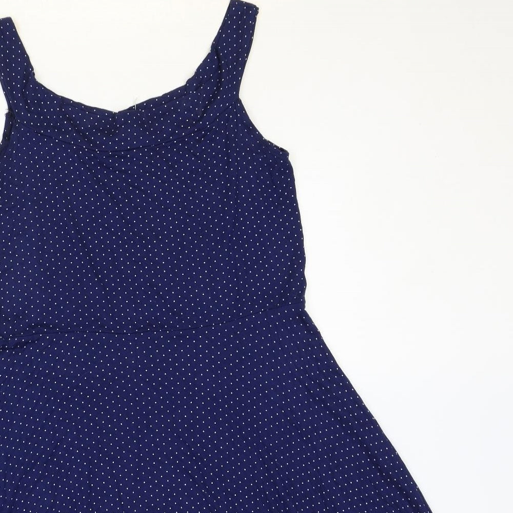 TU Womens Blue Polka Dot Polyester Fit & Flare Size 14 Round Neck Pullover