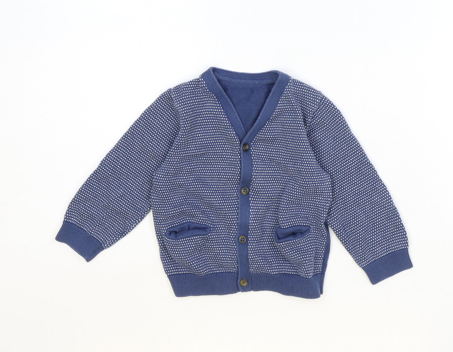 Marks and Spencer Boys Blue Geometric 100% Cotton Cardigan Jumper Size 9-12 Months Button