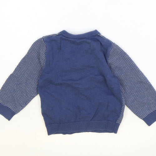 Marks and Spencer Boys Blue Geometric 100% Cotton Cardigan Jumper Size 9-12 Months Button